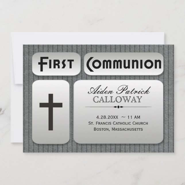 Invitación Primera comunión de las piras gris de plata mascul (Anverso)