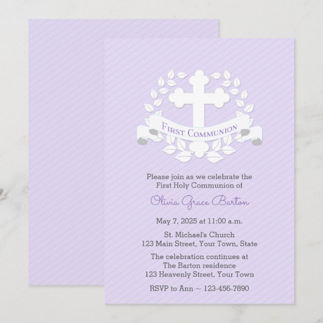 Invitación Primera comunión de Laurel Cross Lilac (Anverso / Reverso)