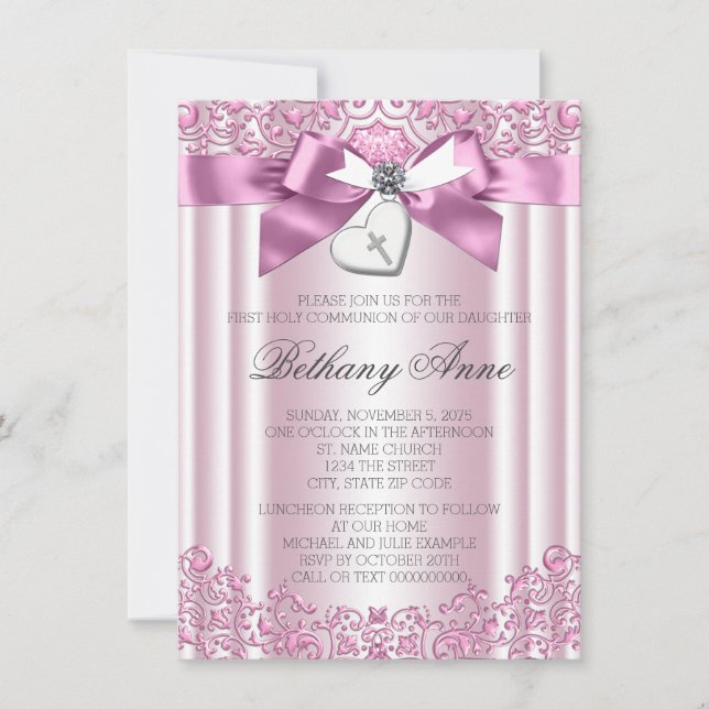 Invitación Primera Comunión de lazo rosa (Anverso)
