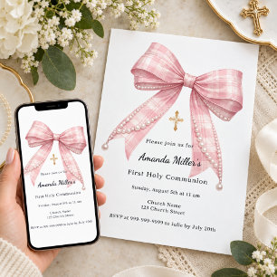 Invitación Primera Comunión de lazo tartán rosa