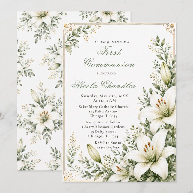 Invitación Primera Comunión de Lirios (Anverso / Reverso)