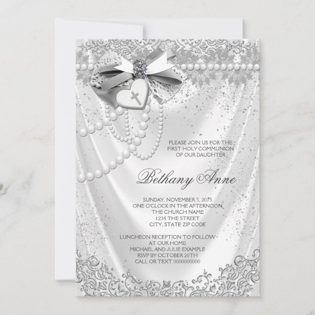 Invitación Primera Comunión de los chicas White Satin (Anverso)