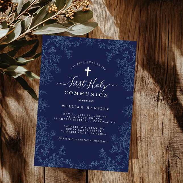 Invitación Primera comunión de los niños con hoja azul de flo (Subido por el creador)