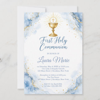 Invitación Primera Comunión de Mármol Azul Acuarela