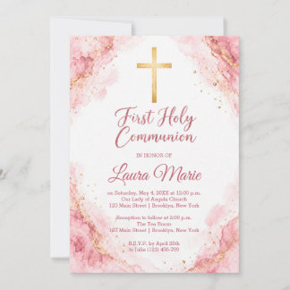 Invitación Primera Comunión de mármol rosa acuarela