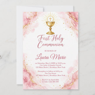 Invitación Primera Comunión de mármol rosa acuarela