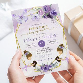 Invitación Primera comunión de mellizos de mariposa morada de