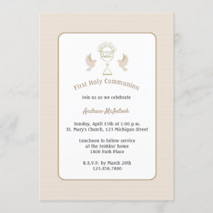 Invitación Primera comunión de moda: Tan Stripes con cáliz