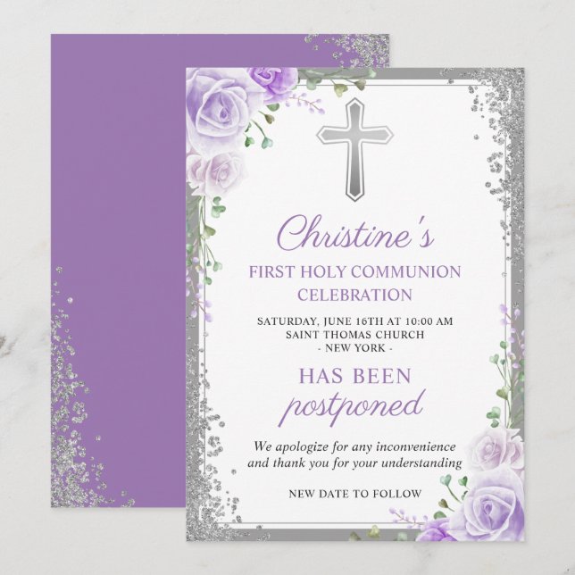 Invitación Primera comunión de morado floral aplaza la Invita (Anverso / Reverso)