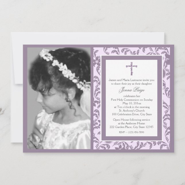 Invitación Primera comunión de morado floral con foto (Anverso)