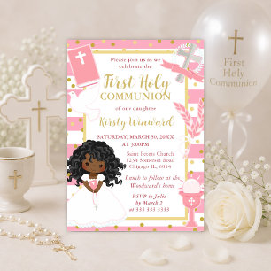 Invitación Primera Comunión de niña afroamericana con franja 