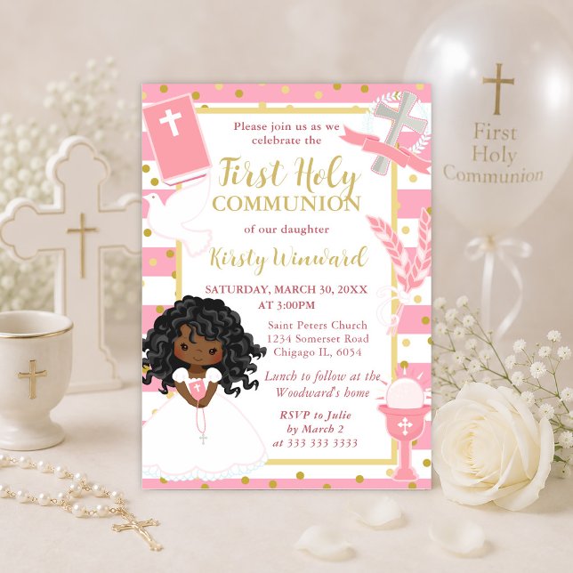 Invitación Primera Comunión de niña afroamericana con franja  (Subido por el creador)