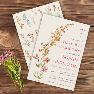 Invitación Primera Comunión de Niña Aquarela Floral Flores Si