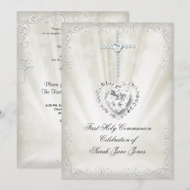 Invitación Primera Comunión de niña blanco beige celestial 2 (Anverso / Reverso)