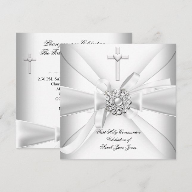 Invitación Primera Comunión de niña Blanco Plata (Anverso / Reverso)