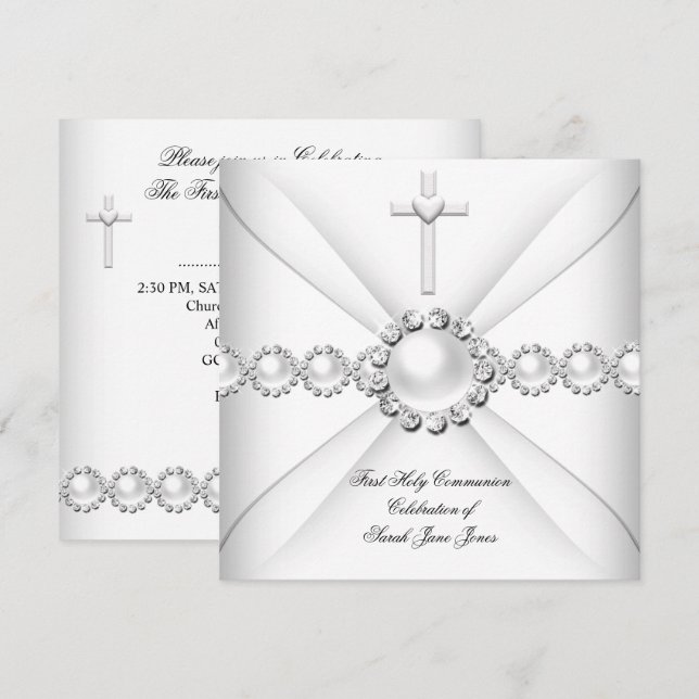 Invitación Primera Comunión de niña Blanco Plata 2 (Anverso / Reverso)