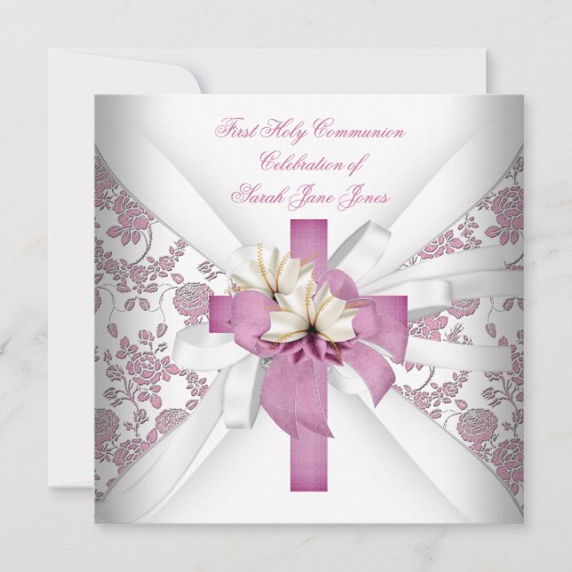Invitación Primera Comunión de niña Blanco Rosa (Anverso)