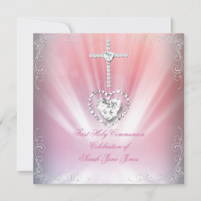 Invitación Primera Comunión de niña blanco rosa celestial (Anverso)