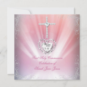 Invitación Primera Comunión de niña blanco rosa celestial