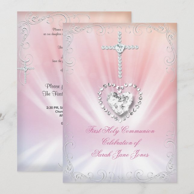Invitación Primera Comunión de niña Blanco Rosa Celestial 2 (Anverso / Reverso)