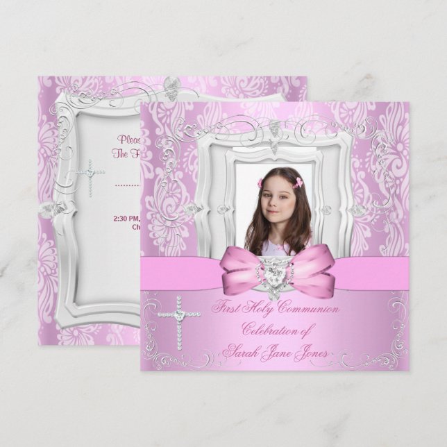 Invitación Primera Comunión de Niña Bonito Foto Rosa (Anverso / Reverso)