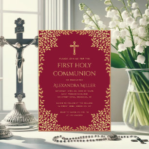 Invitación Primera Comunión de Niña Burgundy Hojas Doradas Vi