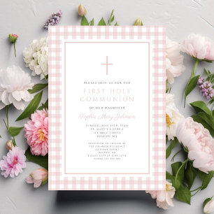 Invitación Primera Comunión de Niña con Cuadros Rosas Elegant