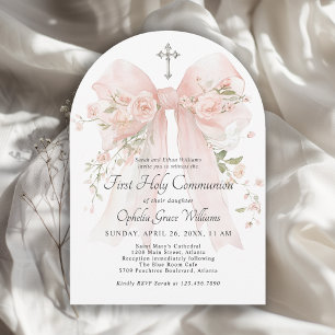 Invitación Primera Comunión de niña con lazo floral rosa
