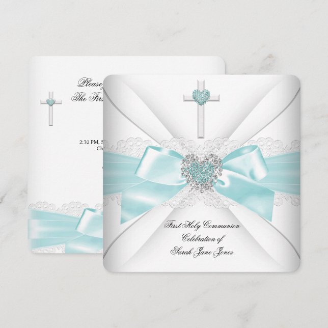 Invitación Primera Comunión de niña corazón blanco teal (Anverso / Reverso)