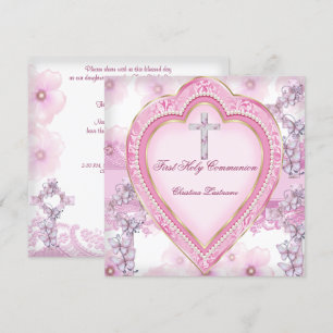 Invitación Primera Comunión de niña Corazón Rosa