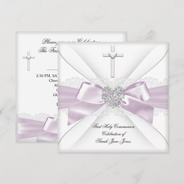 Invitación Primera Comunión de niña Corazón Rosa Blanco 2 (Anverso / Reverso)