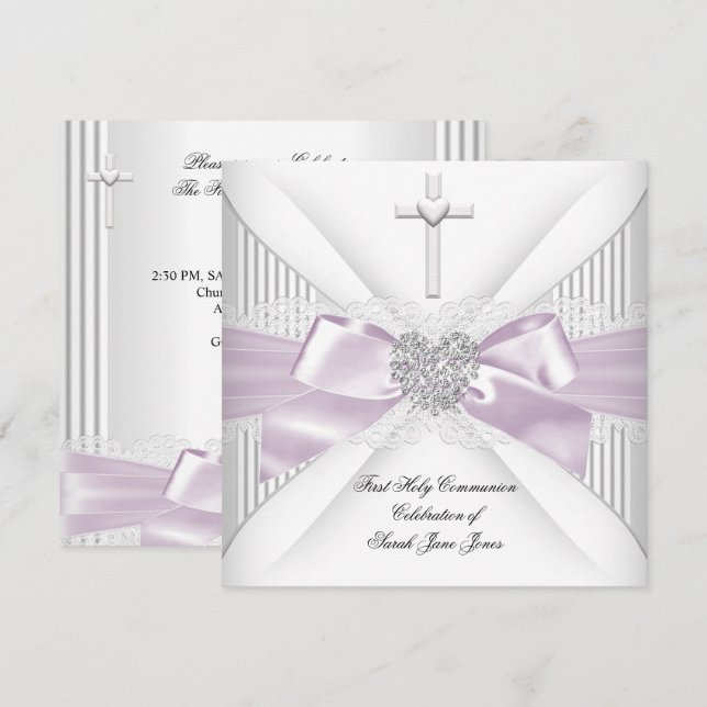 Invitación Primera Comunión de niña corazón rosa blanco gris (Anverso / Reverso)