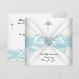 Invitación Primera Comunión de niña corazón teal blanco
