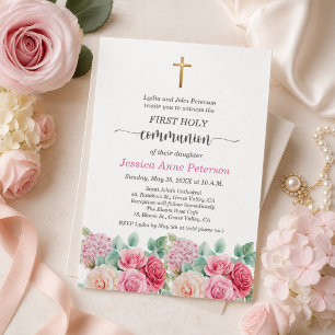 Invitación Primera Comunión de Niña Cruz de Oro Rosas Floral
