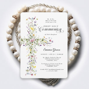 Invitación Primera Comunión de Niña Cruz Floral de Flores Sil