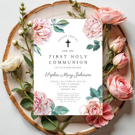Invitación Primera Comunión de Niña Cruz Floral Elegante