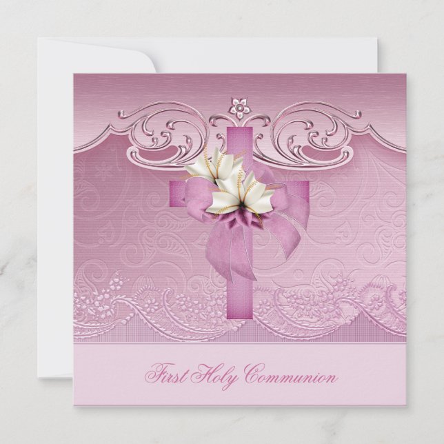 Invitación Primera Comunión de niña Cruz rosa (Anverso)