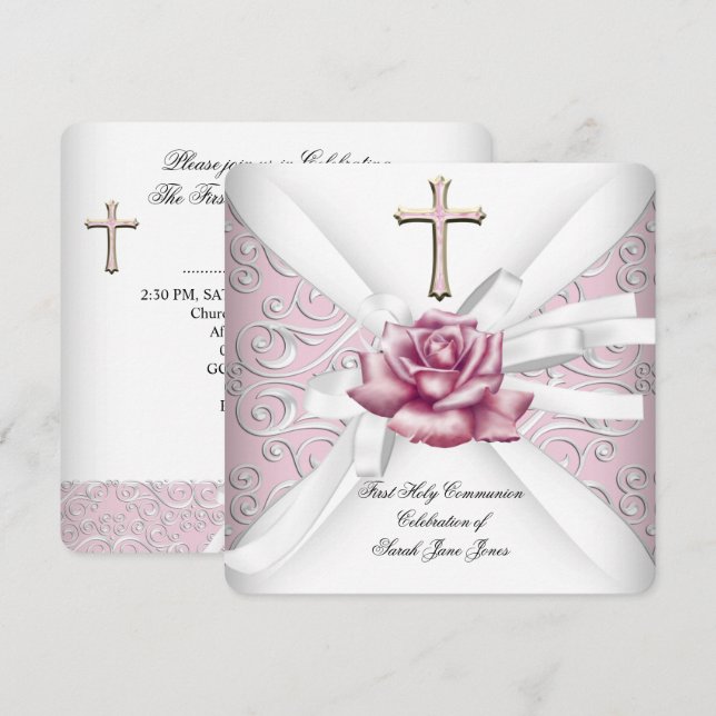 Invitación Primera Comunión de niña Damask Rosa Blanco 2 (Anverso / Reverso)