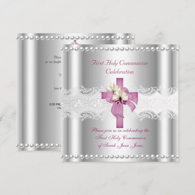 Invitación Primera Comunión de Niña de Encaje de Plata Perla  (Anverso / Reverso)