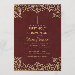 Invitación Primera Comunión de Niña Elegante Burgundy Dorado 