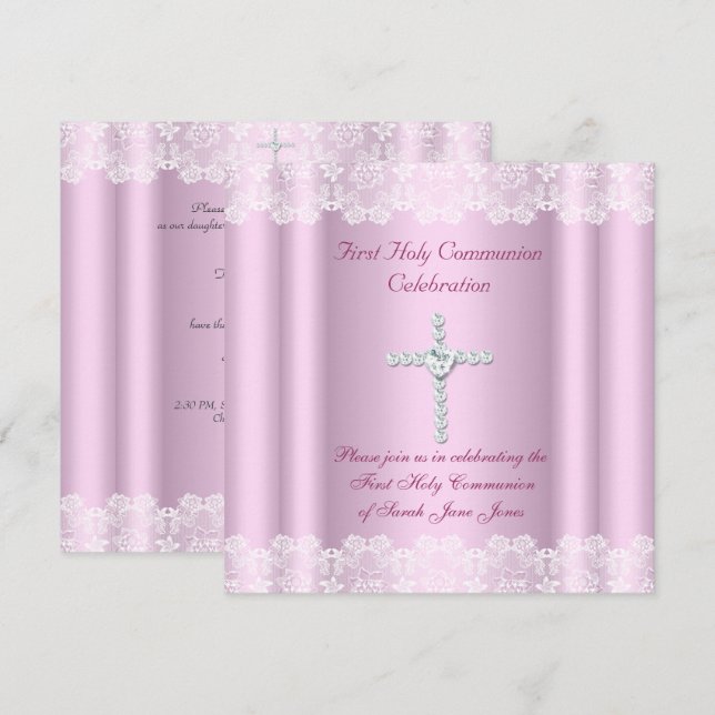 Invitación Primera Comunión de Niña Encaje Blanco Cruz Rosa (Anverso / Reverso)