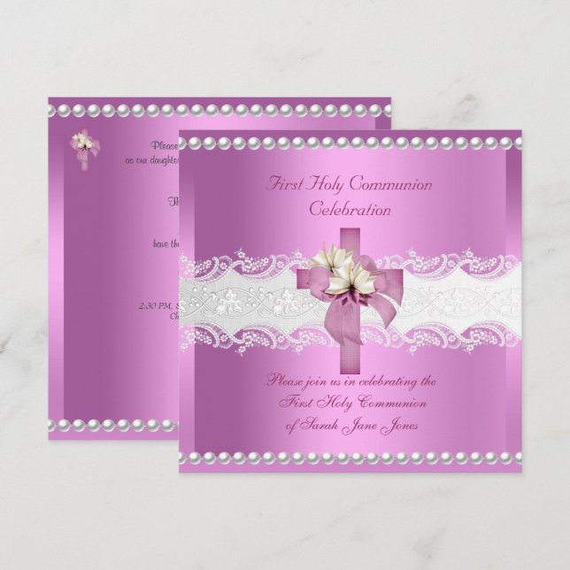 Invitación Primera Comunión de niña encaje blanco perla rosa (Anverso / Reverso)