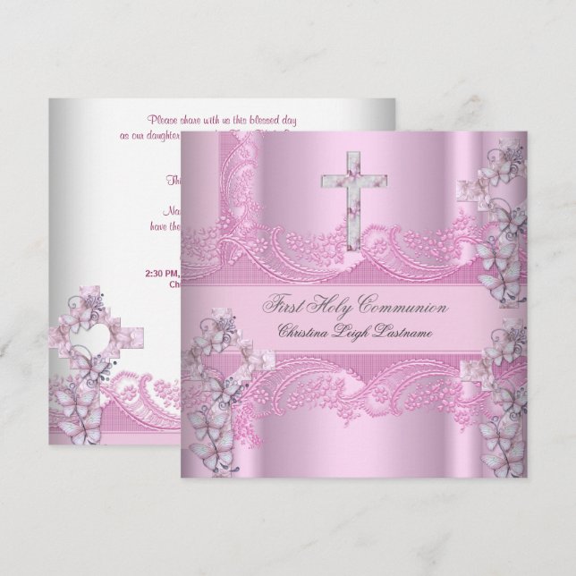 Invitación Primera Comunión de Niña Encaje Rosa (Anverso / Reverso)
