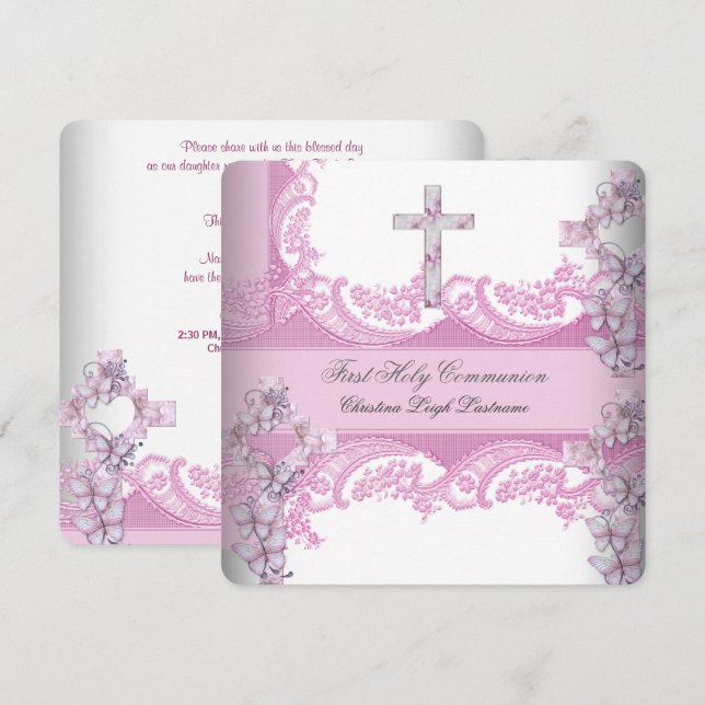 Invitación Primera Comunión de niña Encaje rosa bonito (Anverso / Reverso)