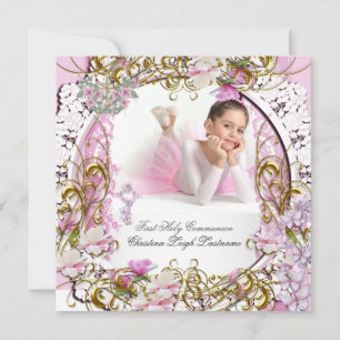 Invitación Primera Comunión de Niña Encaje Rosa Dorado Foto
