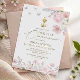 Invitación Primera Comunión de Niña Floral Pastel