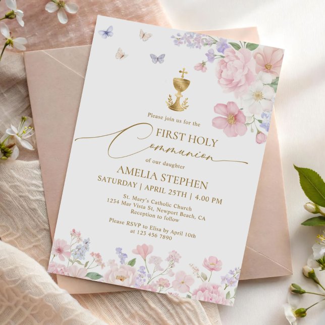 Invitación Primera Comunión de Niña Floral Pastel (Subido por el creador)