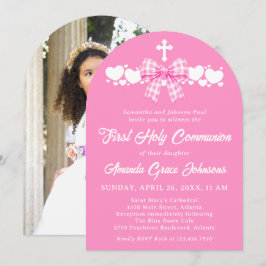 Invitación Primera Comunión de Niña Lazo de Cuadro Rosa Foto