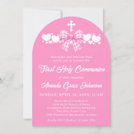 Invitación Primera Comunión de Niña Lazo de Cuadro Rosa Foto