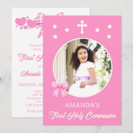 Invitación Primera Comunión de Niña Lazo de Cuadros Rosas Fot
